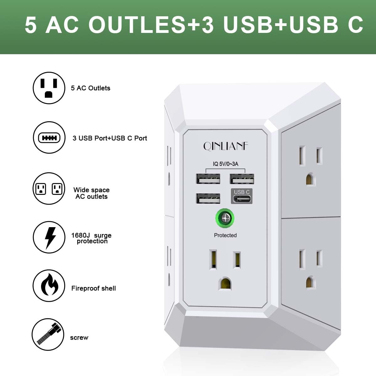 Wall Charger, Surge Protector Extender with 4 USB Ports